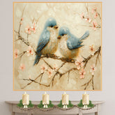 Oil Painting of Two Bluebirds Sitting on a Blossoming Branch Surrounded by Soft Pastel Flowers Featuring Textured Brush Strokes and a Serene Springtime Setting on Ready to Hang 1.5" Thick Canvas Wrap, Floating Framed Canvas, Flat Rolled Canvas